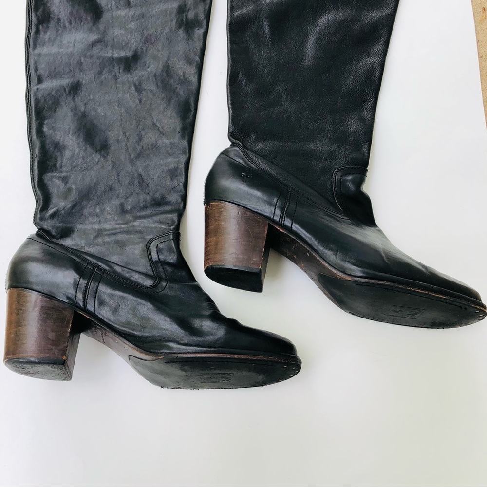 Frye Tall Boots Over the Knee Black Leather Western Block Heel Size 11 M Cowboy - Picture 2 of 16